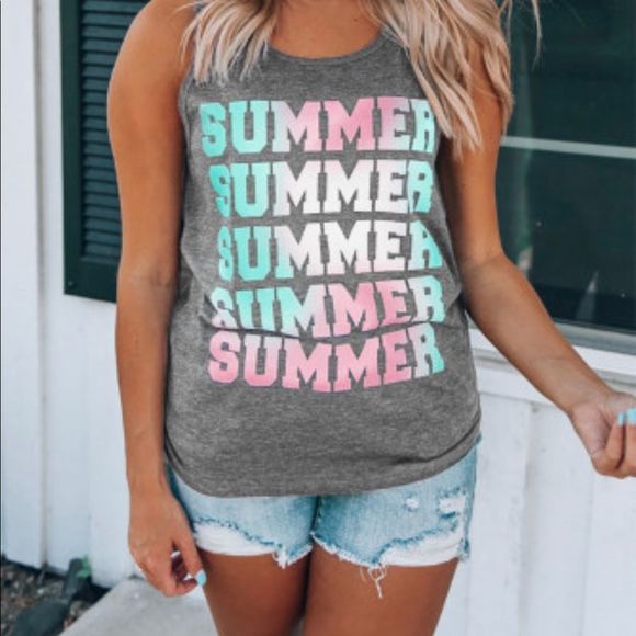 Gray Summer Graphic Sleeveless Tank Top - Picture 1 of 4